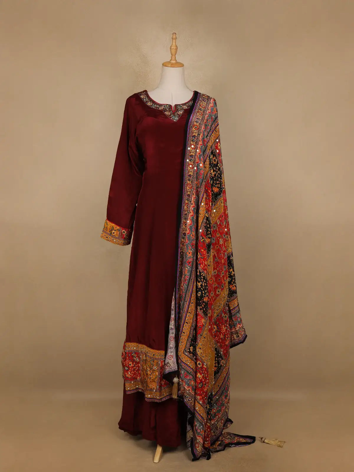 Dark Red Floral Designed Semi Silk Anarkali Salwar Suit - Diadem