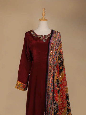 Dark Red Floral Designed Semi Silk Anarkali Salwar Suit - Diadem