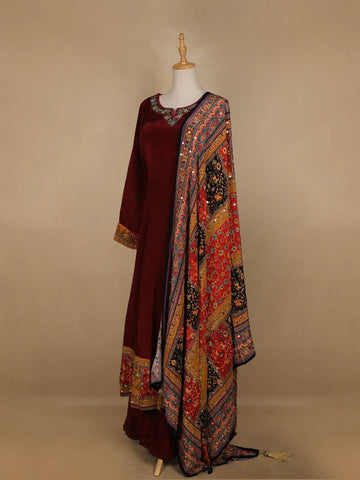 Dark Red Floral Designed Semi Silk Anarkali Salwar Suit - Diadem
