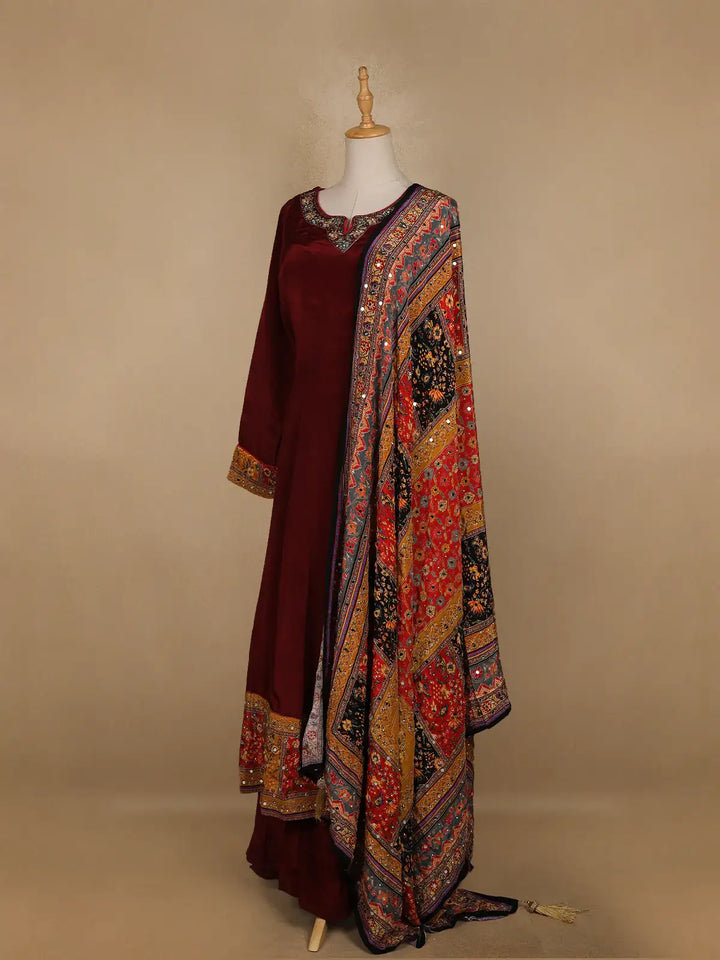 Dark Red Floral Designed Semi Silk Anarkali Salwar Suit - Diadem