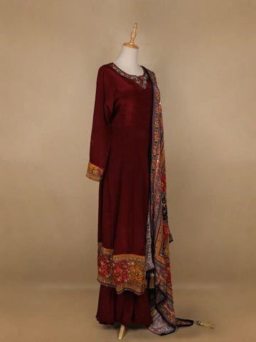 Dark Red Floral Designed Semi Silk Anarkali Salwar Suit - Diadem