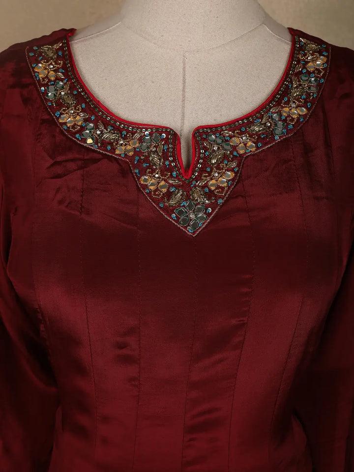 Dark Red Floral Designed Semi Silk Anarkali Salwar Suit - Diadem