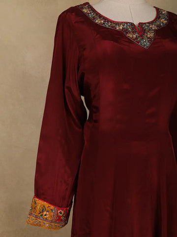 Dark Red Floral Designed Semi Silk Anarkali Salwar Suit - Diadem