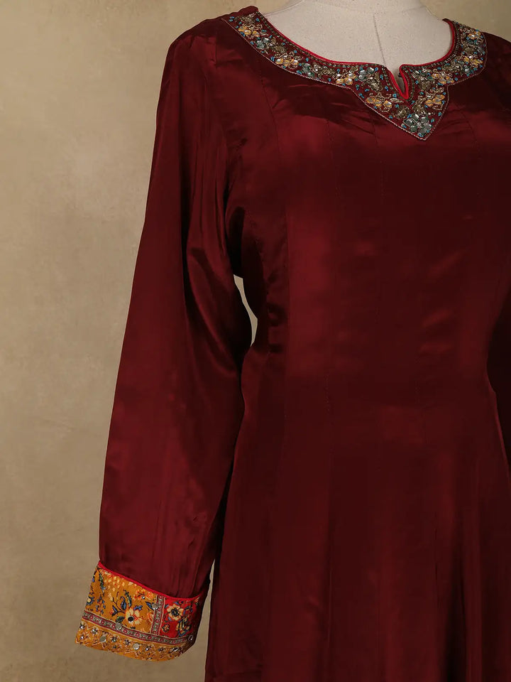 Dark Red Floral Designed Semi Silk Anarkali Salwar Suit - Diadem