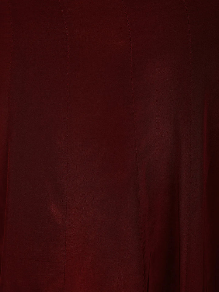Dark Red Floral Designed Semi Silk Anarkali Salwar Suit - Diadem