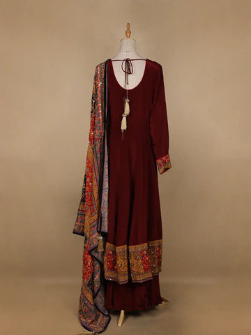 Dark Red Floral Designed Semi Silk Anarkali Salwar Suit - Diadem