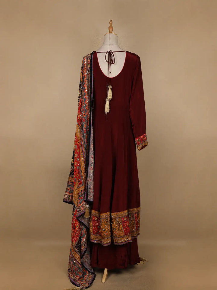 Dark Red Floral Designed Semi Silk Anarkali Salwar Suit - Diadem