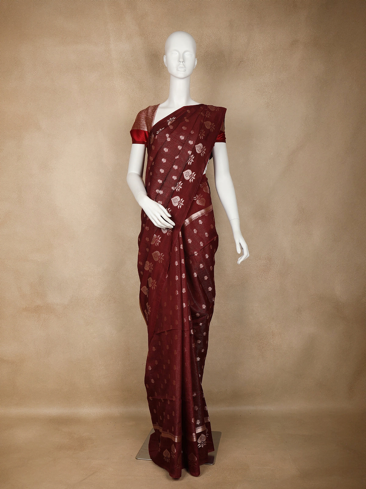 Dark Red Floral Designed Semi Silk Fancy Saree