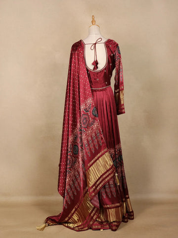 Dark Red Floral Designed Semi Silk Gown - Diadem