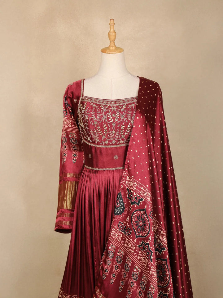 Dark Red Floral Designed Semi Silk Gown - Diadem