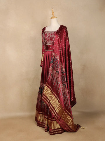 Dark Red Floral Designed Semi Silk Gown - Diadem