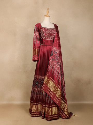 Dark Red Floral Designed Semi Silk Gown - Diadem