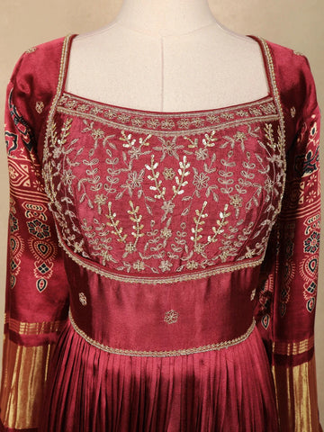 Dark Red Floral Designed Semi Silk Gown - Diadem