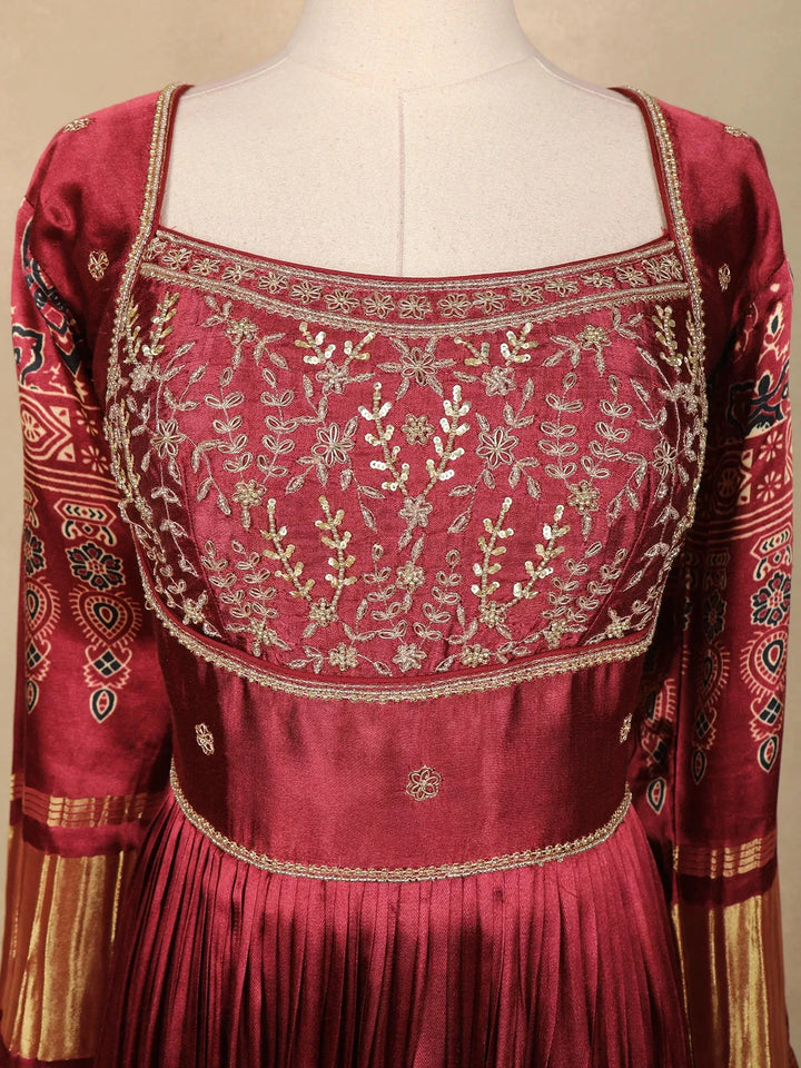 Dark Red Floral Designed Semi Silk Gown - Diadem