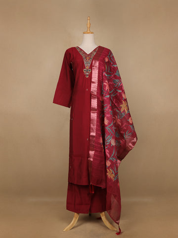 Dark Red Floral Designed Semi Silk Salwar Suit - Diadem