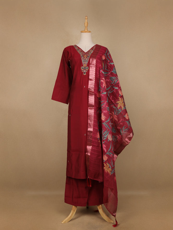 Dark Red Floral Designed Semi Silk Salwar Suit - Diadem