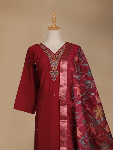 Dark Red Floral Designed Semi Silk Salwar Suit - Diadem