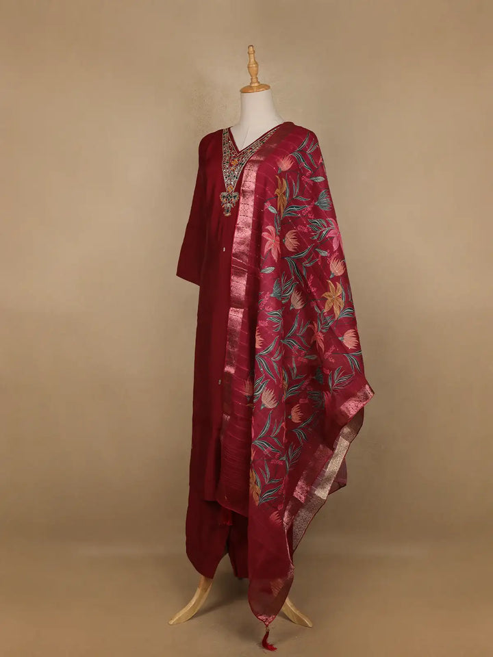 Dark Red Floral Designed Semi Silk Salwar Suit - Diadem