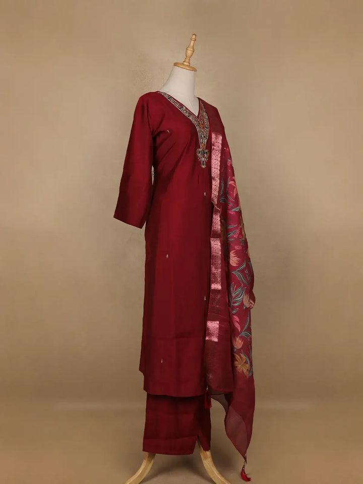 Dark Red Floral Designed Semi Silk Salwar Suit - Diadem
