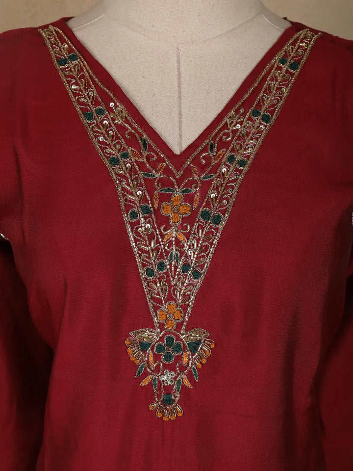 Dark Red Floral Designed Semi Silk Salwar Suit - Diadem