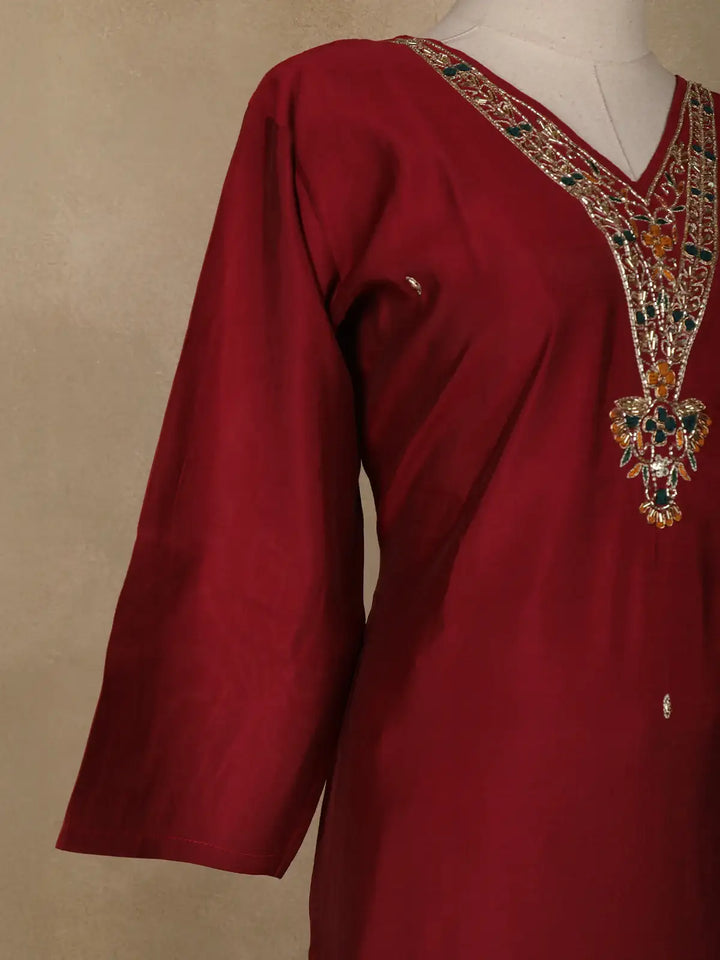 Dark Red Floral Designed Semi Silk Salwar Suit - Diadem