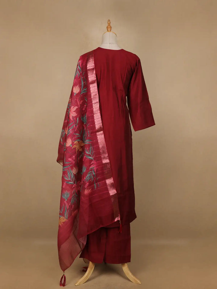 Dark Red Floral Designed Semi Silk Salwar Suit - Diadem