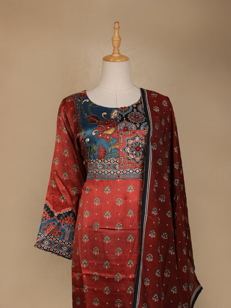 Dark Red Floral Designed Semi Silk Salwar Suit - Diadem