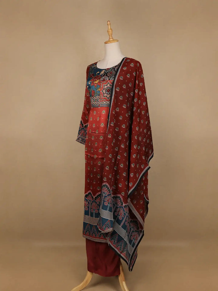 Dark Red Floral Designed Semi Silk Salwar Suit - Diadem