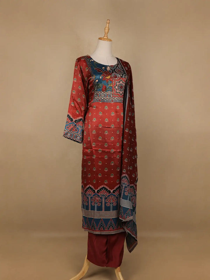 Dark Red Floral Designed Semi Silk Salwar Suit - Diadem