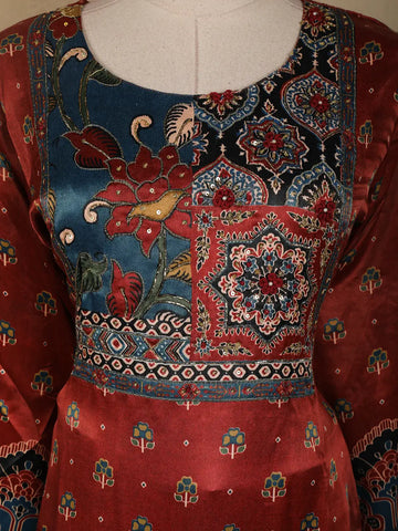 Dark Red Floral Designed Semi Silk Salwar Suit - Diadem
