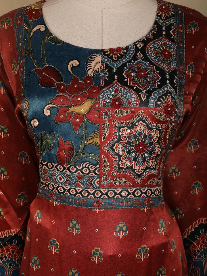 Dark Red Floral Designed Semi Silk Salwar Suit - Diadem