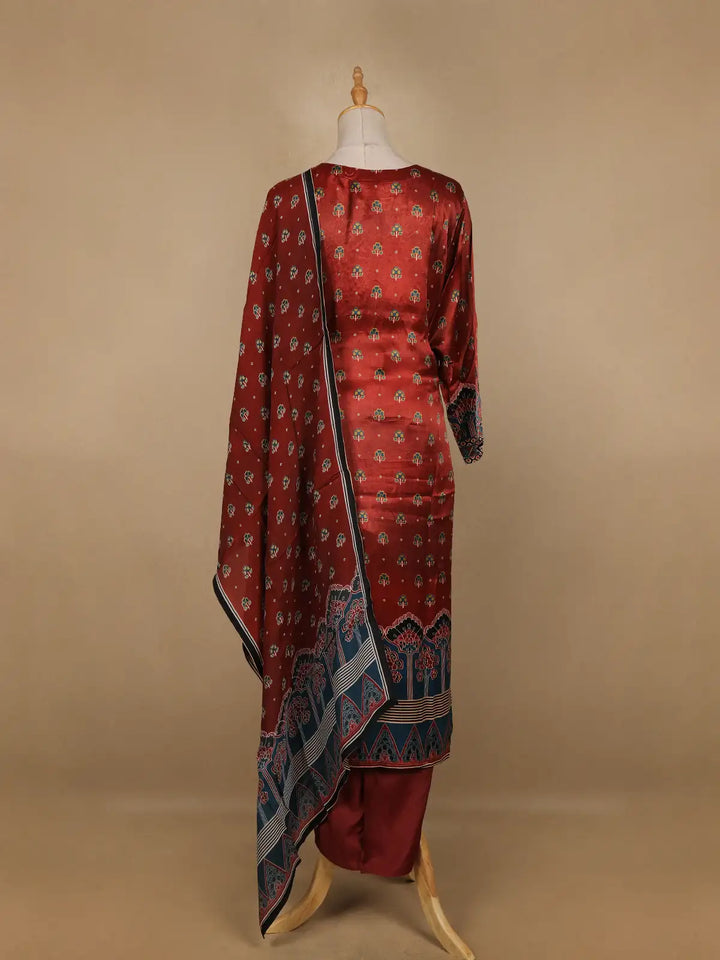 Dark Red Floral Designed Semi Silk Salwar Suit - Diadem