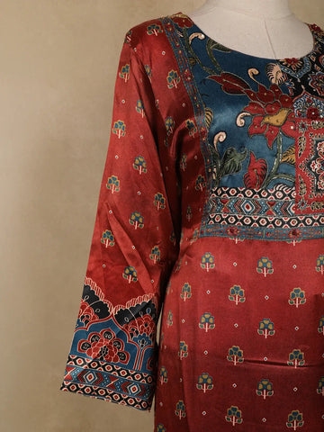 Dark Red Floral Designed Semi Silk Salwar Suit - Diadem
