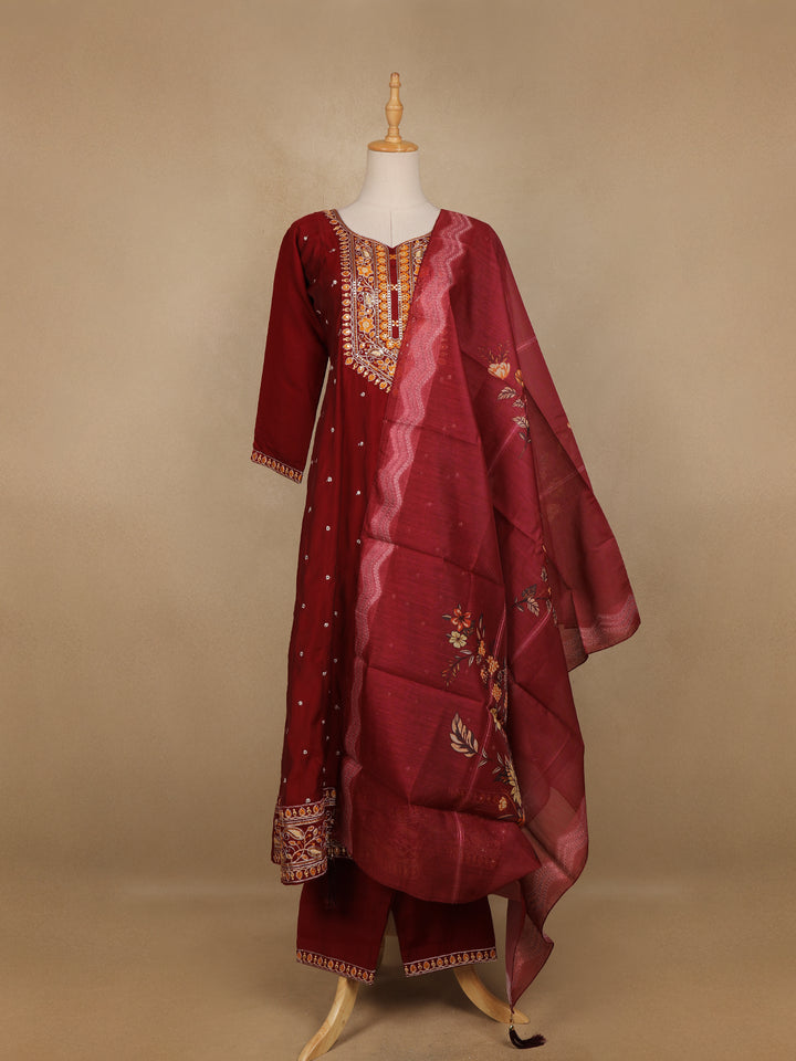 Dark Red Floral Designed Semi Silk Salwar Suit - Diadem