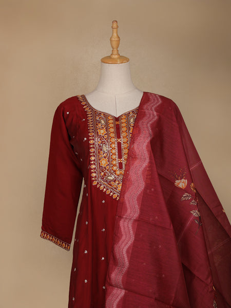 Dark Red Floral Designed Semi Silk Salwar Suit - Diadem