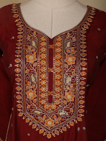 Dark Red Floral Designed Semi Silk Salwar Suit - Diadem