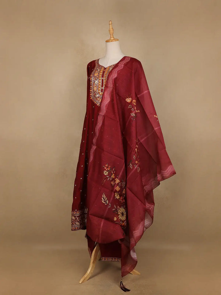 Dark Red Floral Designed Semi Silk Salwar Suit - Diadem