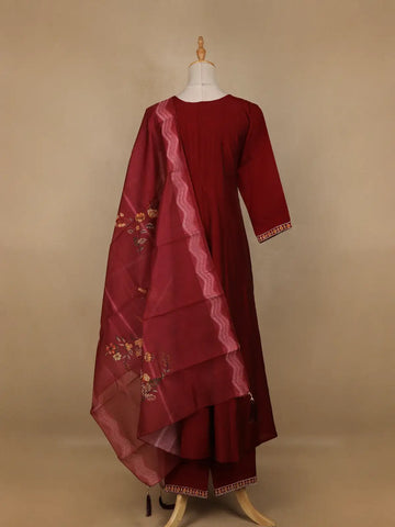 Dark Red Floral Designed Semi Silk Salwar Suit - Diadem