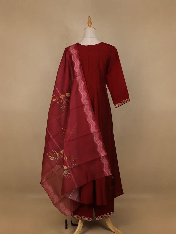 Dark Red Floral Designed Semi Silk Salwar Suit - Diadem
