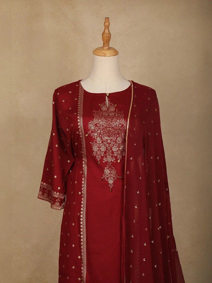 Dark Red Floral Designed Semi Silk Straight Cut Salwar Suit - Diadem