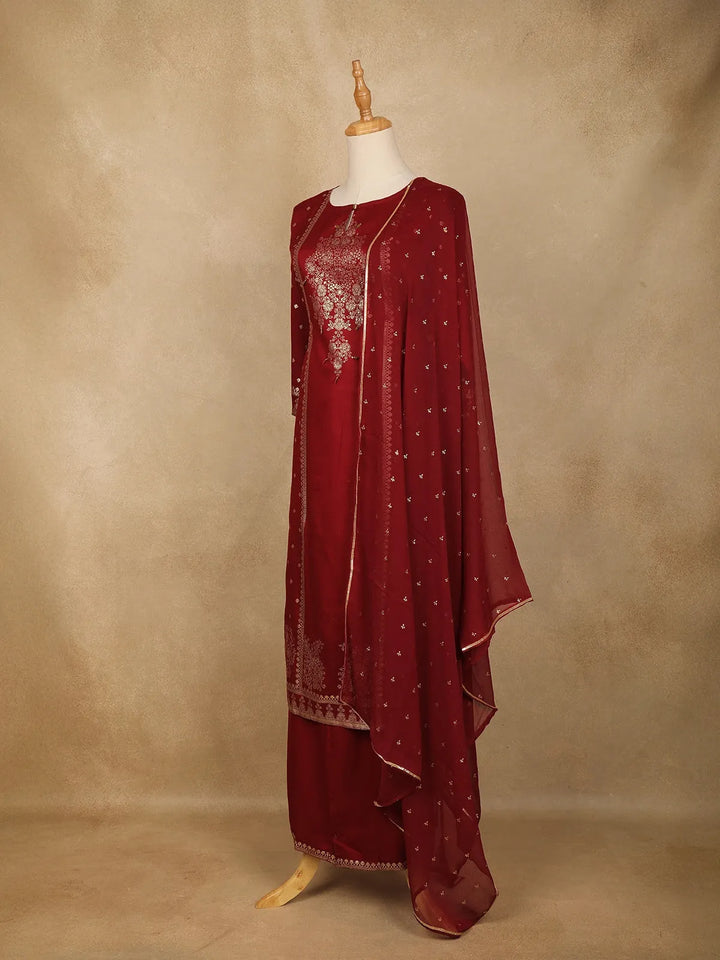 Dark Red Floral Designed Semi Silk Straight Cut Salwar Suit - Diadem