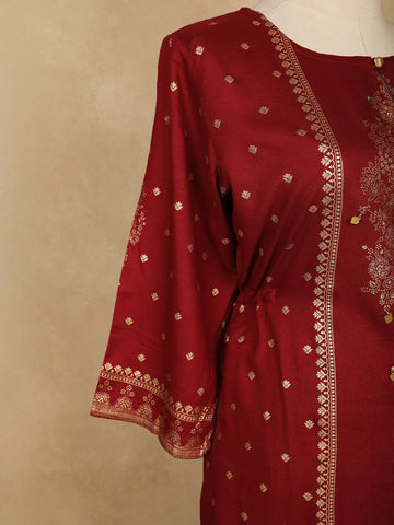Dark Red Floral Designed Semi Silk Straight Cut Salwar Suit - Diadem