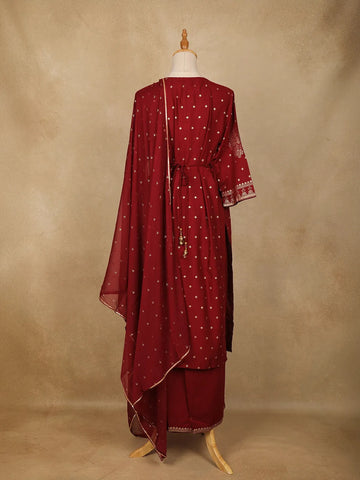 Dark Red Floral Designed Semi Silk Straight Cut Salwar Suit - Diadem