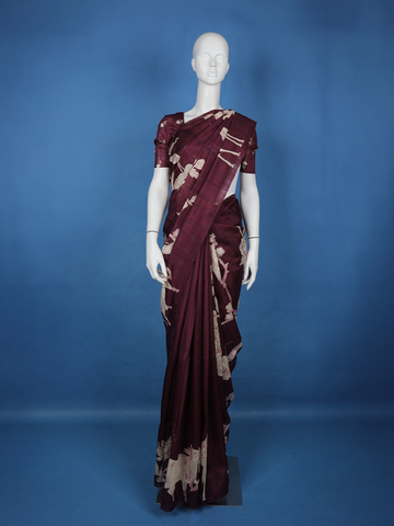Dark Red Floral Designed Semi Tussar Saree - Diadem
