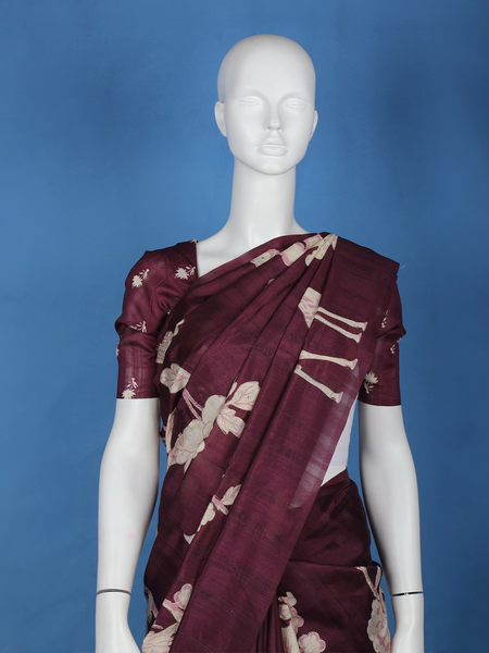 Dark Red Floral Designed Semi Tussar Saree - Diadem
