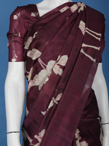 Dark Red Floral Designed Semi Tussar Saree - Diadem