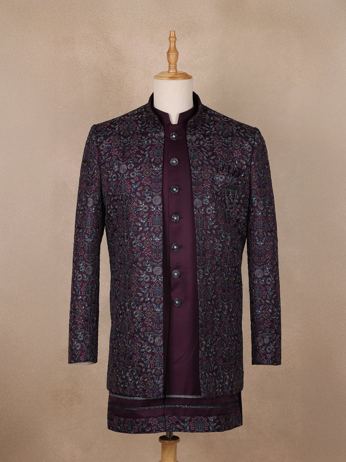 Dark Red Floral Designed Sherwani Suit for Reception