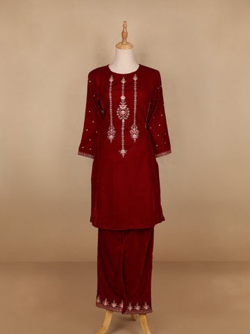 Dark Red Floral Designed Velvet Co Ord Salwar Suit - Diadem
