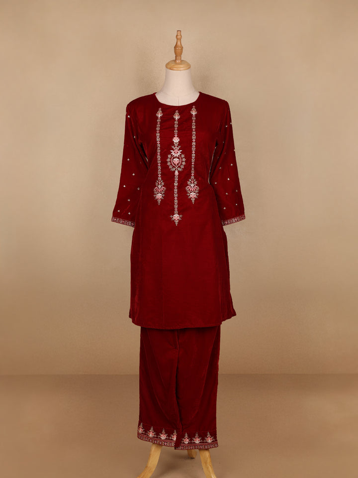 Dark Red Floral Designed Velvet Co Ord Salwar Suit - Diadem