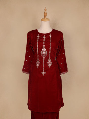 Dark Red Floral Designed Velvet Co Ord Salwar Suit - Diadem